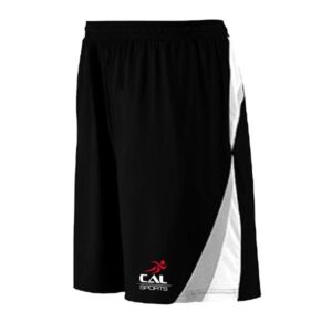 black athletic shorts with gray and white trim
