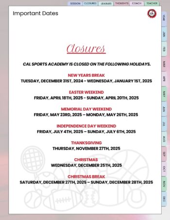 2025 Closures at CAL Sports Academy