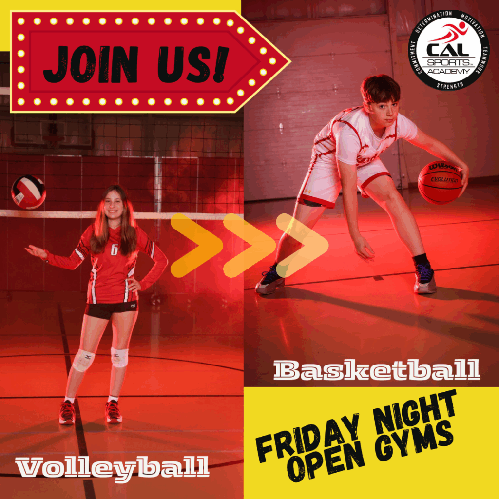 Friday Night Open Gym. Female volleyball player with ball. Male basketball player poses in a ball handling position.