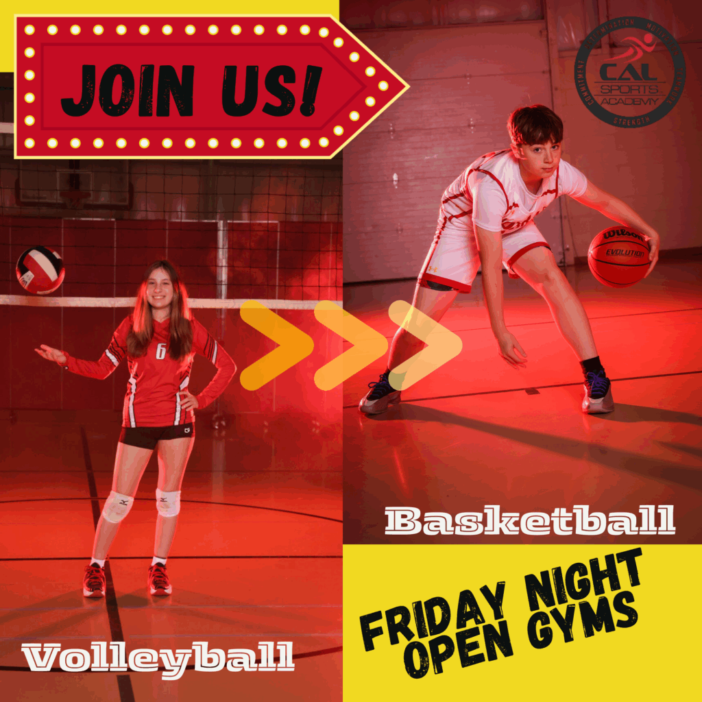 Friday Night Open Gym. Female volleyball player with ball. Male basketball player in a ball handling pose.
